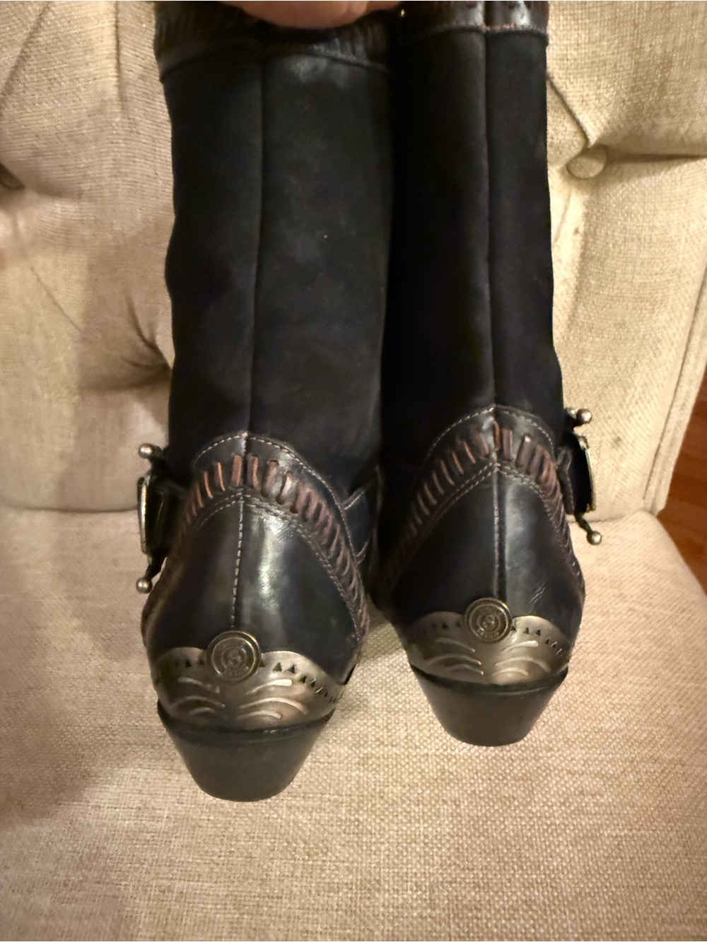 Circle S Black Leather & Suede Western Boots Stacked Heel Buckle Western Boho - Picture 6 of 8